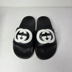 Gucci Black Leather And Rubber Logo Slide Kids Size 33 NIB